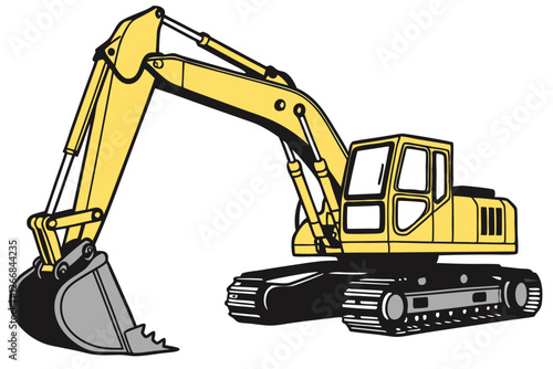  Heavy construction equipment, yellow excavator, industrial machinery, detailed illustration, clean lines, matte finish, bold colors, stylized design, white background, side view, hydraulic arm, buc