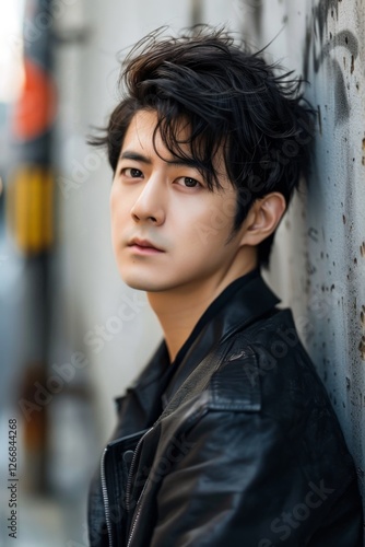 Portait of a handsome man in a black leather jacket leaning against a wall. Sideview.