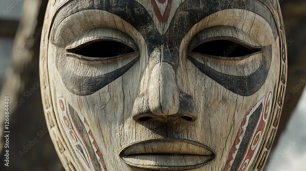A wooden mask with a red and blue design on it A wooden mask with a red and blue design on it