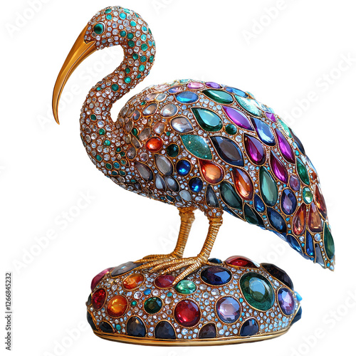 Vibrant Golden Ibis Sculpture Adorned with Colorful Gemstones and Shiny Details for Artistic Display photo