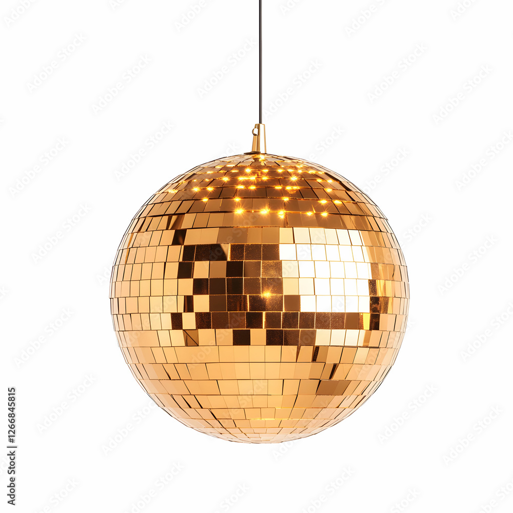 Fototapeta premium A golden disco ball, sparkling with light, isolated on a white background
