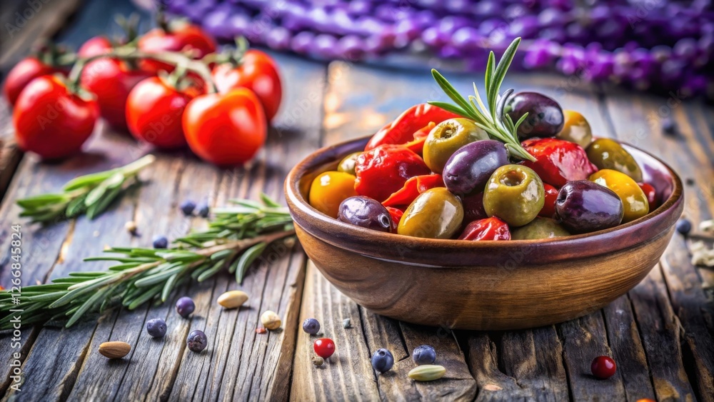 A rustic wooden bowl overflowing with marinated olives and roasted peppers, seasoned with rosemary and peppercorns A rustic wooden bowl overflowing with marinated olives and roasted peppers, seasoned with rosemary and peppercorns
