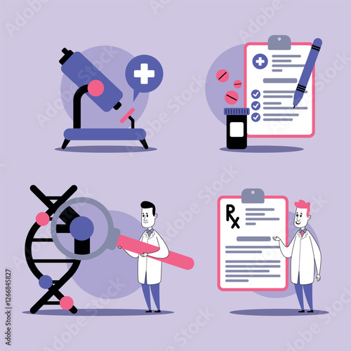 Medical professionals utilizing various tools such as microscopes and genetic analysis to enhance healthcare. Findings and prescriptions to improve patient outcomes concept