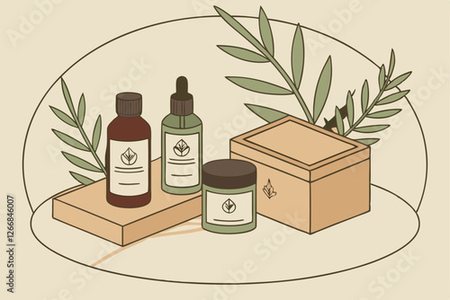  Natural skincare display, wooden table, apothecary bottles, green plants, organic packaging, soft lighting, rustic aesthetic, herbal ingredients, eco-friendly products, botanical elements, glass ja