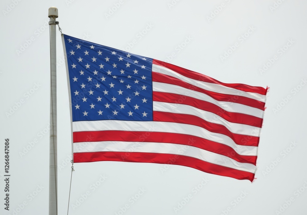Obraz premium American flag waving in the wind with thirteen red and white stripes, blue field with fifty white stars, vibrant and dynamic appearance, shiny fabric