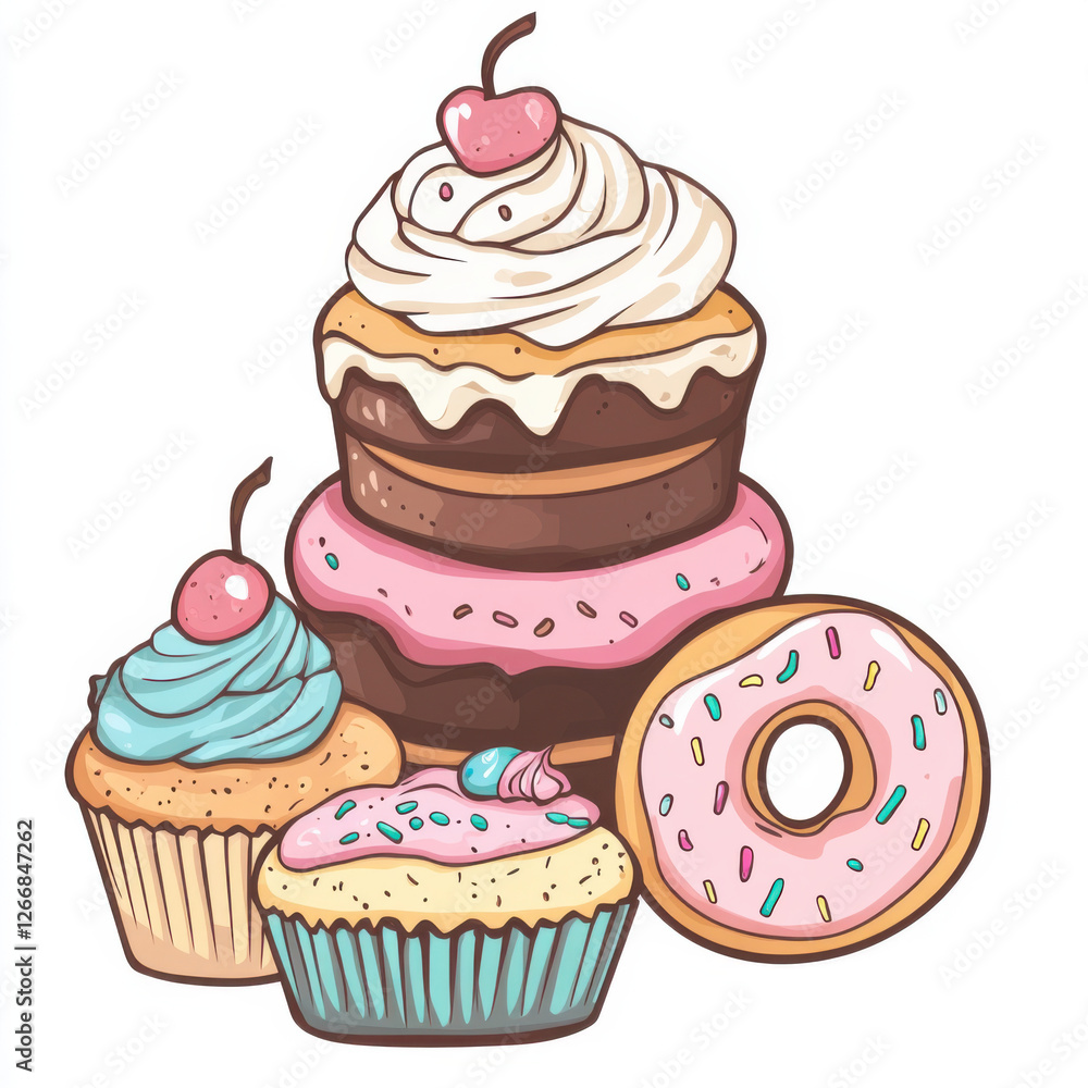 A detailed logo with a transparent white background. In this logo there should be a two-tiered chocolate cake, with vanilla frosting. A detailed logo with a transparent white background. In this logo there should be a two-tiered chocolate cake, with vanilla frosting.