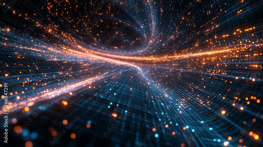 Abstract digital landscape with glowing particles swirling in a cosmic background