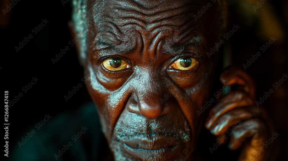 Elderly African man with deep wrinkles engaged in a conversation, showcasing emotions and wisdom in his expressions Elderly African man with deep wrinkles engaged in a conversation, showcasing emotions and wisdom in his expressions