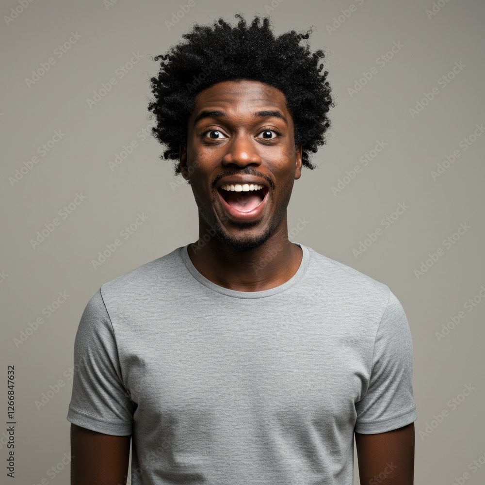 Obraz premium Excited Young Man Expressing Joy and Surprise in Casual T-Shirt, Perfect for Lifestyle and Emotions Themes