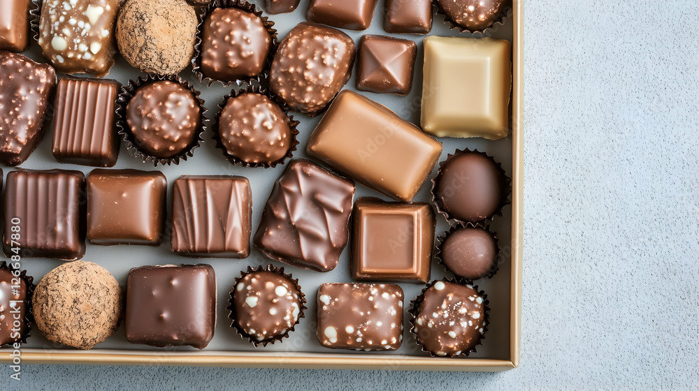 Assorted chocolates in box, top view Assorted chocolates in box, top view