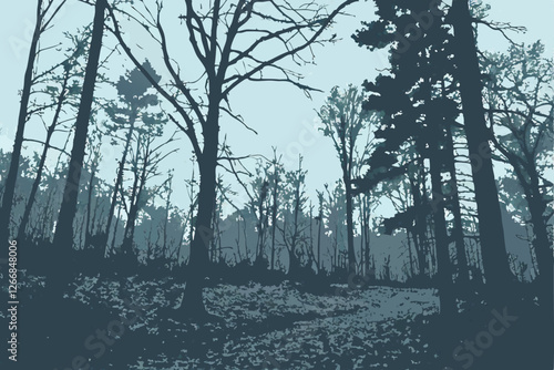  A photograph of a dense, eerie forest with tall, thin trees. The trees are mostly bare, with some sparse foliage. The ground is covered in a thick layer of fallen leaves and underbrush. The sky is 