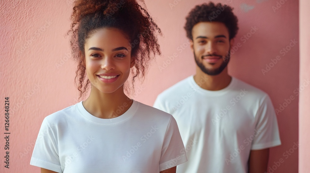 Young couple smiling and wearing white t shirts on pink background Young couple smiling and wearing white t shirts on pink background