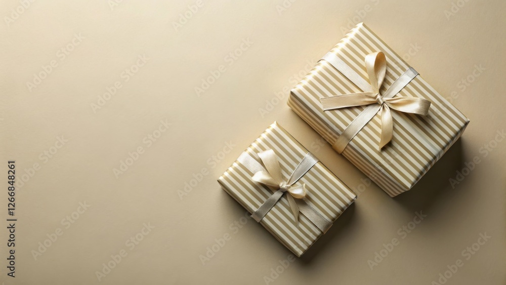 Elegant striped gift boxes with satin ribbons on a neutral background, perfect for celebratory occasions and conveying a sense of luxury and sophistication. Elegant striped gift boxes with satin ribbons on a neutral background, perfect for celebratory occasions and conveying a sense of luxury and sophistication.