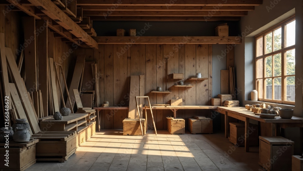 Interior View of a Woodworking and Pottery Workshop Interior View of a Woodworking and Pottery Workshop