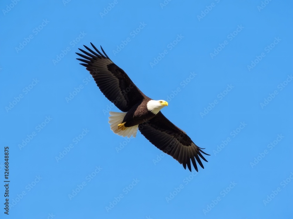 Majestic Bald Eagle with Wings Spread Wide Against Blue Sky Majestic Bald Eagle with Wings Spread Wide Against Blue Sky