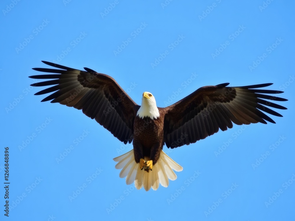 Fototapeta premium Dynamic Bald Eagle Soaring Through Clear Blue Sky