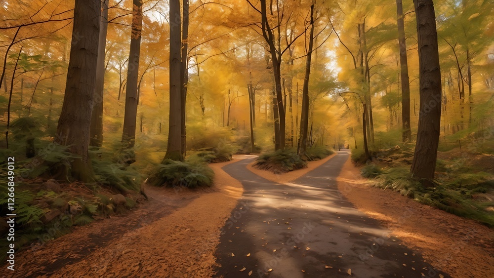 Naklejka premium Stunning Autumn Forest Pathway with Vibrant Fall Foliage