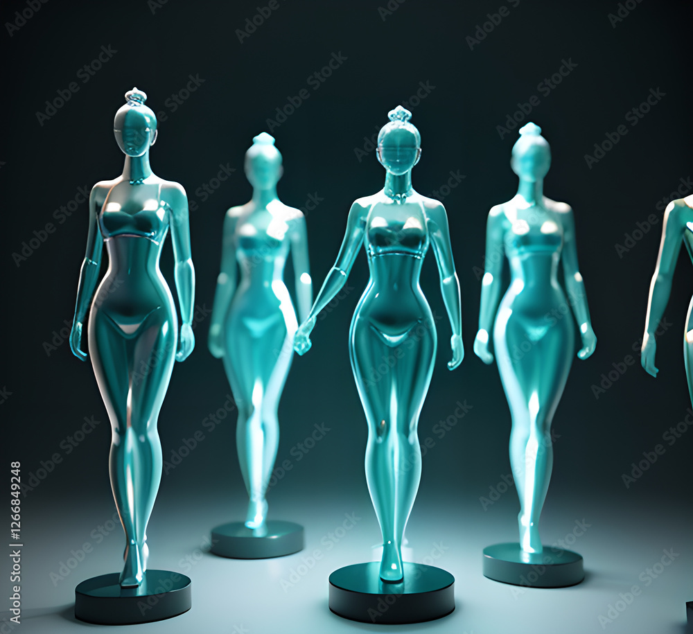 Abstract surrealistic illustration of glass statue several people standing in pose.Concept project.mindfulness and meditation.Futuristic. cyberpunk.innovation different types of poses.generative ai Abstract surrealistic illustration of glass statue several people standing in pose.Concept project.mindfulness and meditation.Futuristic. cyberpunk.innovation different types of poses.generative ai