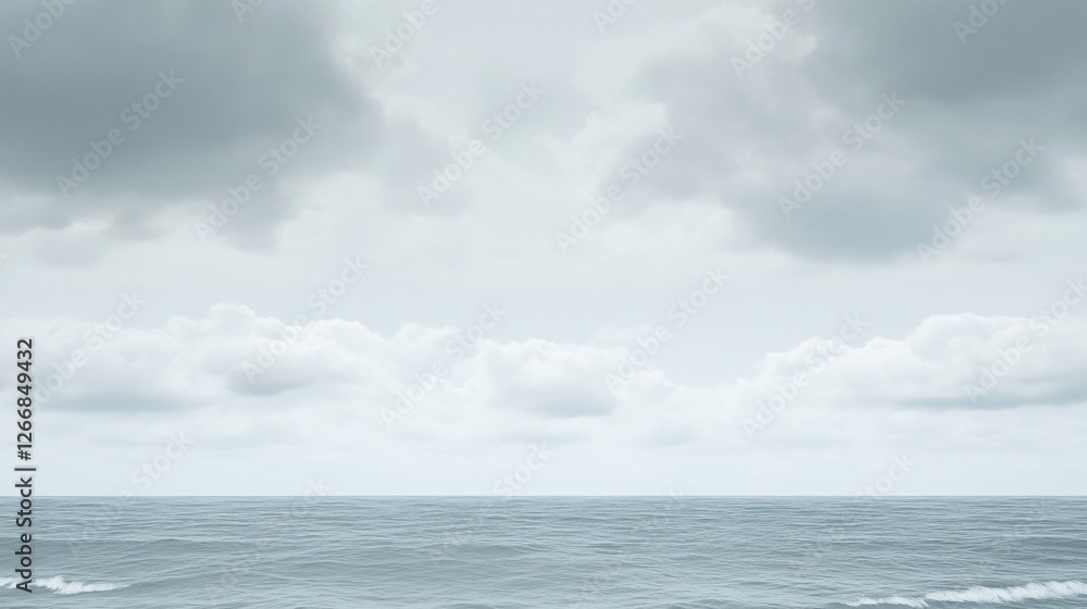 Calm ocean under grey skies, coastal scene, moody weather Calm ocean under grey skies, coastal scene, moody weather