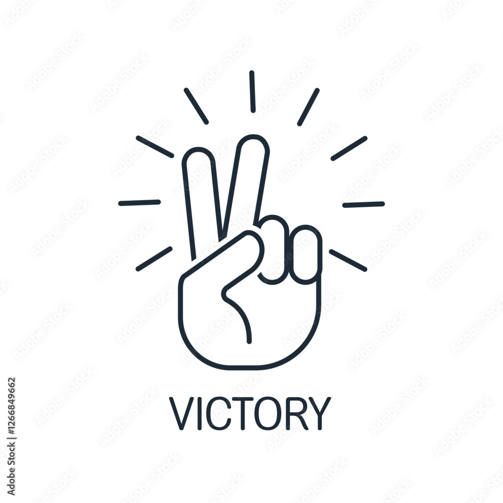 Fototapeta premium Gesture of victory with sparkles. Vector linear icon isolated on white background.