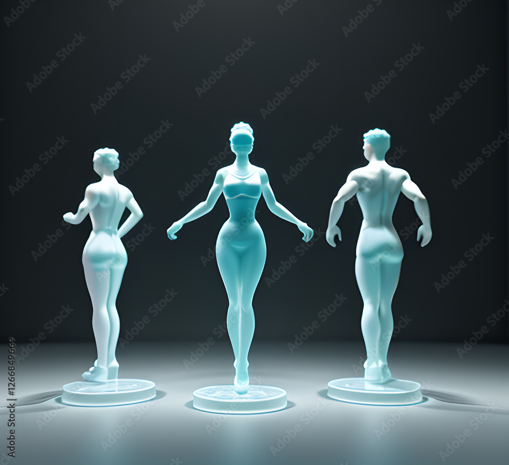 Obraz premium Abstract surrealistic illustration of glass statue several people standing in pose.Concept project.mindfulness and meditation.Futuristic. cyberpunk.innovation different types of poses.generative ai 