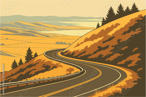  Winding highway, curving road, rolling hills, autumn colors, golden landscape, smooth asphalt, guard rails, S-curves, remote countryside, empty road, scenic drive, undulating terrain, expansive vis