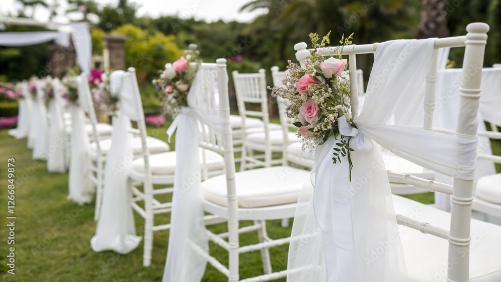 Outdoor Wedding Ceremony Aisle with White Chairs Decorated with Flowers, Reception Floral Arrangement, Special Day for Bride and Groom Background Outdoor Wedding Ceremony Aisle with White Chairs Decorated with Flowers, Reception Floral Arrangement, Special Day for Bride and Groom Background