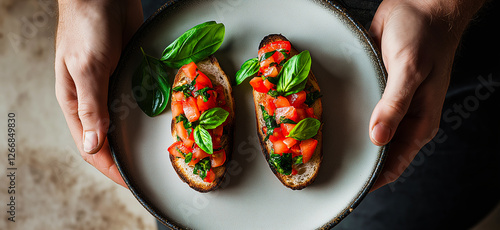 Fototapeta Naklejka Na Ścianę i Meble -  Chef holding plate with two slices of toasted bread topped with fresh tomatoes, basil, and seasonings, creating a classic italian bruschetta appetizer