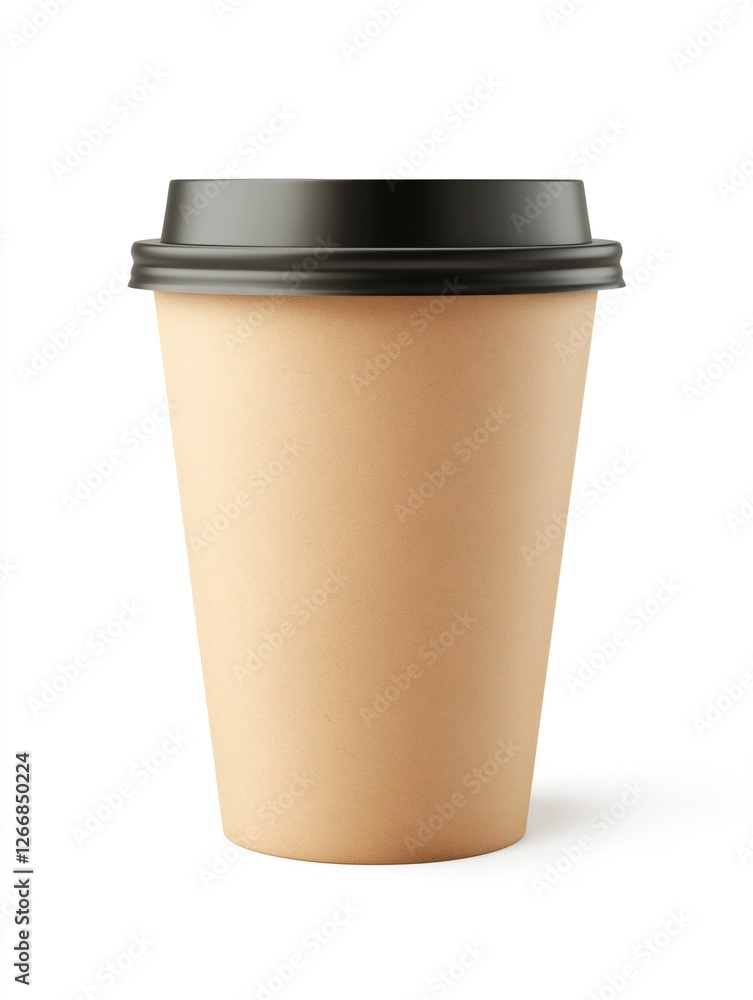 Disposable paper coffee cup with black lid standing on white background