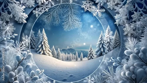 Winter wonderland view showcasing mystical snow-covered pine trees under a serene blue sky at dusk. Generative AI