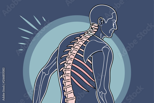  CGI illustration of a human male viewed from behind, showing the spine and surrounding muscles. The image is in a medical, scientific style with a focus on anatomy. The background is dark blue wit