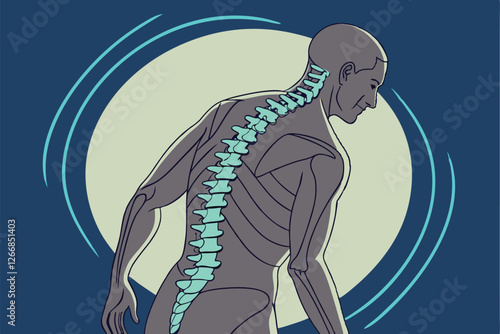  CGI illustration of a human male viewed from behind, showing the spine and surrounding muscles. The image is in a medical, scientific style with a focus on anatomy. The background is dark blue wit