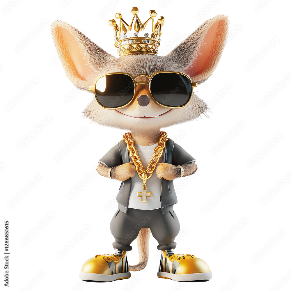 Fototapeta premium Adorable Bandicoot Character Wearing Hip Hop Attire with Stylish Gold Chains and Sunglasses, Crown on Head
