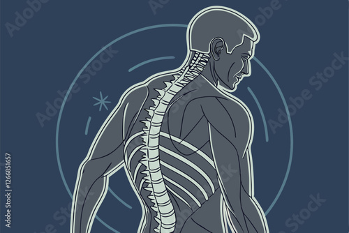  CGI illustration of a human male viewed from behind, showing the spine and surrounding muscles. The image is in a medical, scientific style with a focus on anatomy. The background is dark blue wit