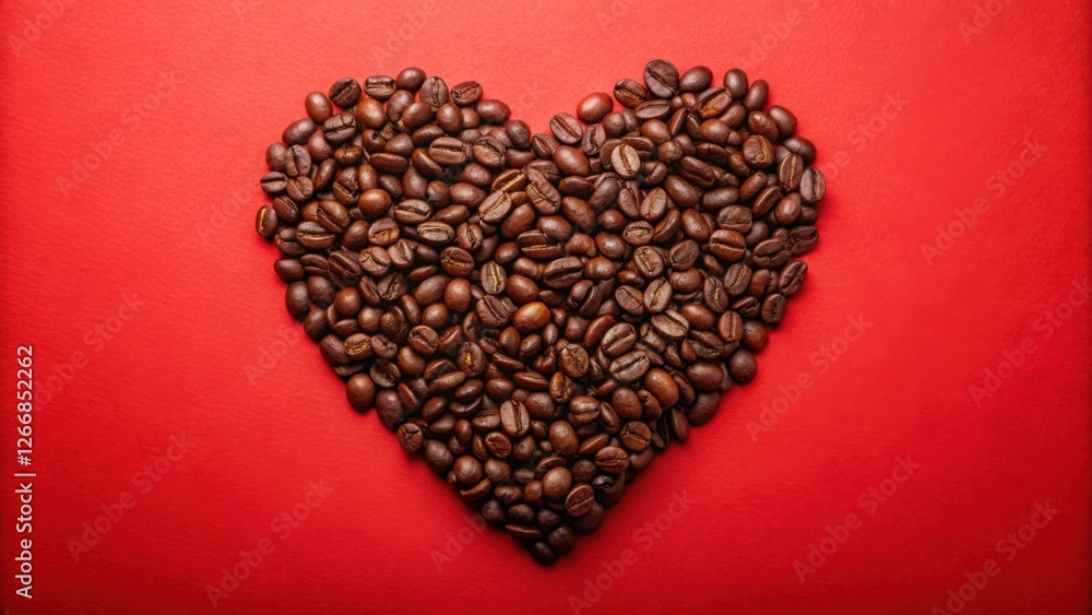 Aromatic Coffee Beans Arranged in a Heart Shape on Vibrant Red Background Aromatic Coffee Beans Arranged in a Heart Shape on Vibrant Red Background