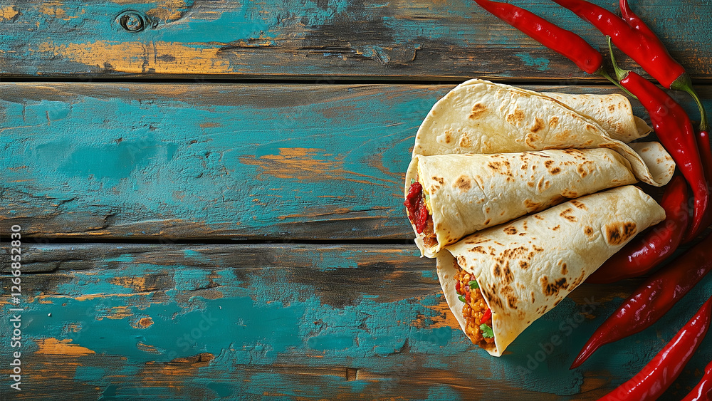 Top view of tortilla wraps, burritos and hot chili peppers, mexican food and cuisine background on weathered blue planks, rustic table background with copy space