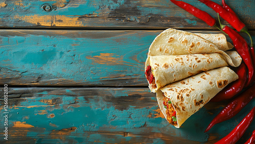 Obraz na płótnie Top view of tortilla wraps, burritos and hot chili peppers, mexican food and cuisine background on weathered blue planks, rustic table background with copy space w salonie