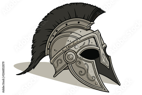   ancient Greek helmet, Corinthian style, weathered metal, ornate engravings, black horsehair crest, intricate details, battle-worn, heroic, mythological, dramatic lighting, photorealistic texture, 