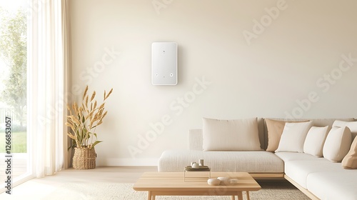 A living room with a white couch and a white coffee table