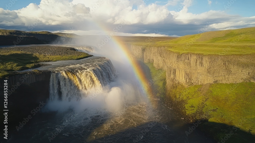 Majestic waterfall rainbow, Iceland highlands, sunny day, nature background, travel