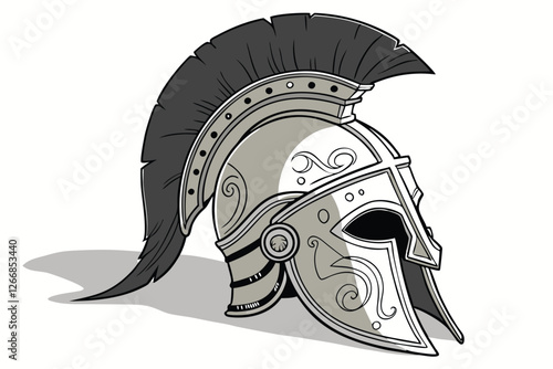   ancient Greek helmet, Corinthian style, weathered metal, ornate engravings, black horsehair crest, intricate details, battle-worn, heroic, mythological, dramatic lighting, photorealistic texture, 