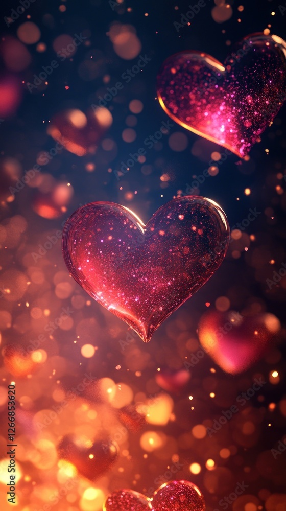 Sparkling red hearts float on a dark background with bokeh lights. Sparkling red hearts float on a dark background with bokeh lights.