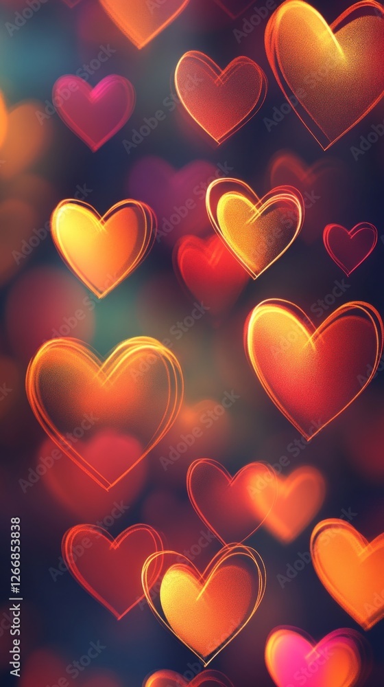 Abstract background with glowing hearts in red, orange, and pink hues. Perfect for Valentine's Day or romantic themes. Abstract background with glowing hearts in red, orange, and pink hues. Perfect for Valentine's Day or romantic themes.