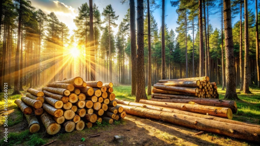 Sunbeams Illuminate Stacks of Timber in a Lush Forest at Golden Hour Sunbeams Illuminate Stacks of Timber in a Lush Forest at Golden Hour