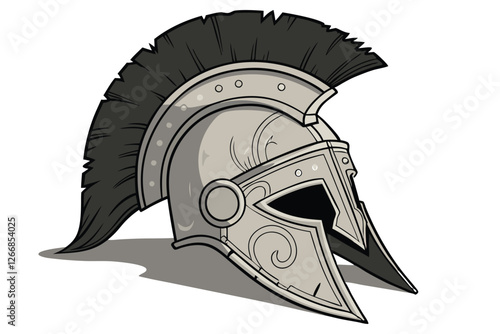   ancient Greek helmet, Corinthian style, weathered metal, ornate engravings, black horsehair crest, intricate details, battle-worn, heroic, mythological, dramatic lighting, photorealistic texture, 