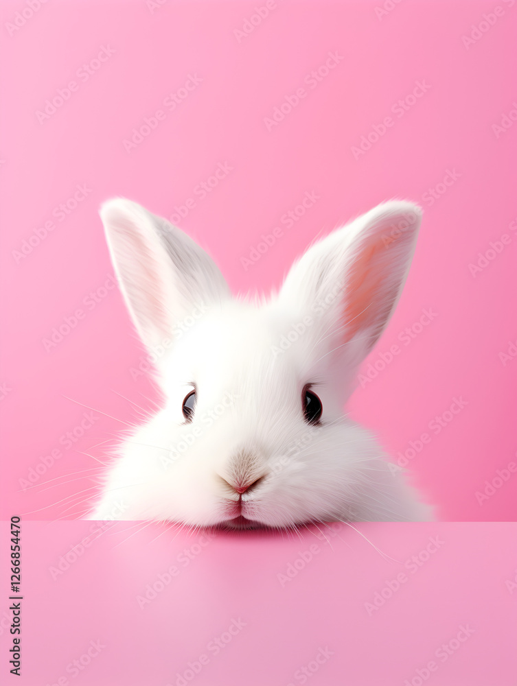 A cute fluffy bunny peeking out of a pastel pink wall background with copy space A cute fluffy bunny peeking out of a pastel pink wall background with copy space