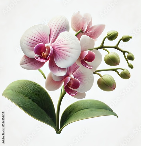 A single orchid flower with pink and white petals, featuring green leaves and a natural stem