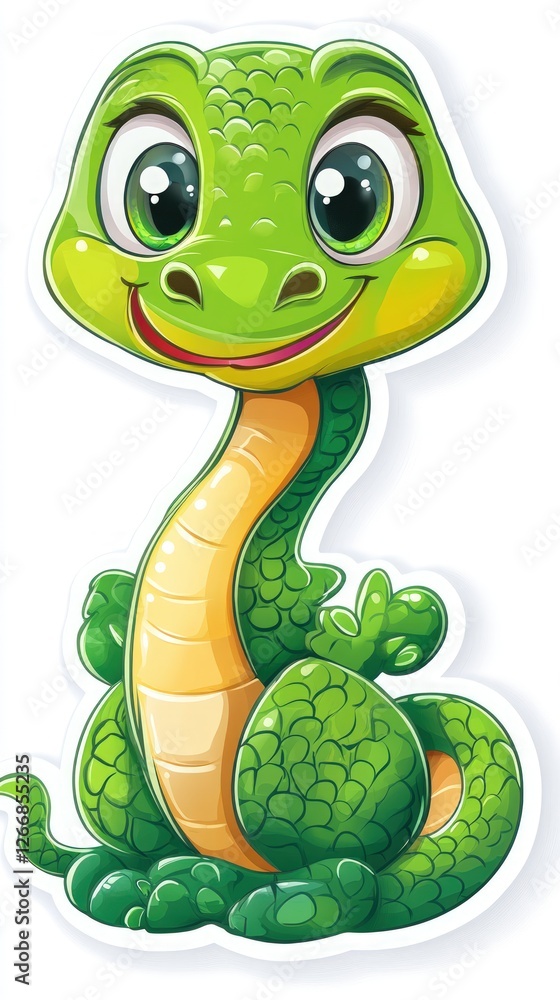 Obraz premium Adorable cartoon green baby dinosaur with big eyes, sitting and smiling.