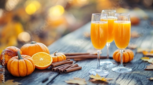 Fototapeta Naklejka Na Ścianę i Meble -  A warm and inviting autumn mimosa bar, with spiced orange mimosas, cinnamon sticks, and small pumpkins decorating the rustic wooden surface