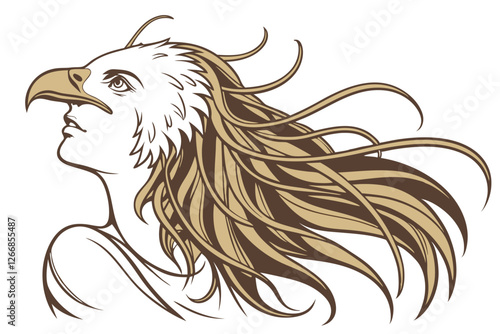  A realistic digital illustration of a single, long, wavy, and voluminous brown hair, styled in loose, flowing strands that appear to be in motion. The hair has a golden sheen and a slight gradient